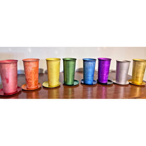 Aluminum Colorful Cups Tumblers with coasters, Set Of 8, Vintage MCM